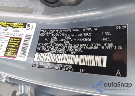 2020 Toyota Highlander Limited z USA, uszkodzony, nr VIN 5TDDZRBH5LS006585